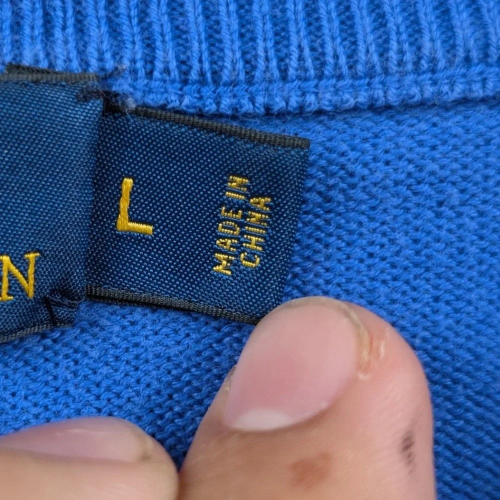 Polo Ralph Lauren Sweater Men's L Blue V-Neck Pima Cotton Slim Fit Pony Preppy